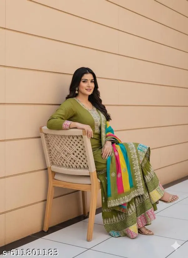 Green_Chinon_Fabric_Unstitched_Suit_With_Stitched_Chinon_Gharara_And_Chinon_Dupatta_For_Women