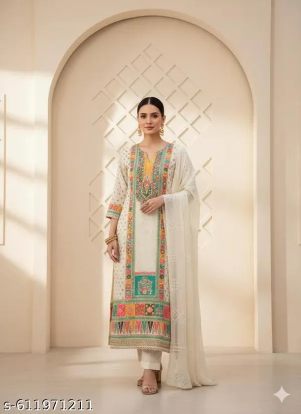White_Muslin_Fabric_Unstitched_Suit_With_Nazneen_Dupatta_And_Unstitched_Rayon_Bottom_For_Women
