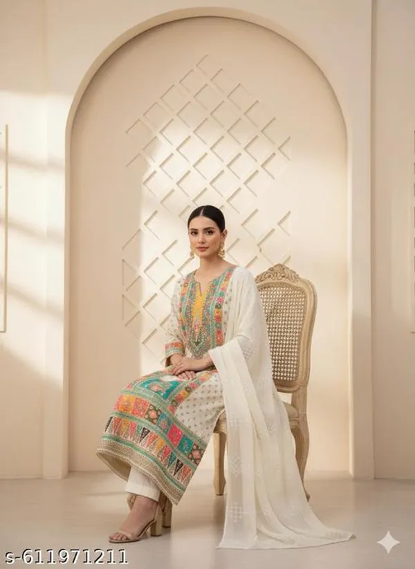White_Muslin_Fabric_Unstitched_Suit_With_Nazneen_Dupatta_And_Unstitched_Rayon_Bottom_For_Women