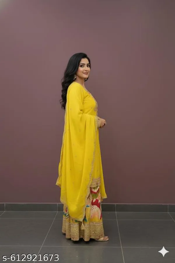 Yellow_Chinon_Fabric_Unstitched_Suit_With_Stitched_Chinon_Gharara_And_Chinon_Dupatta_For_Women