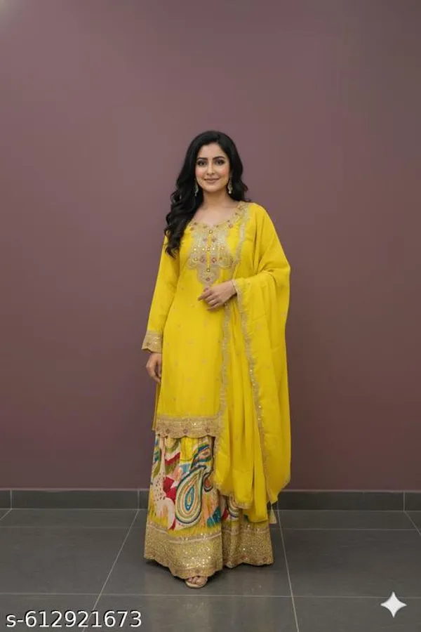 Yellow_Chinon_Fabric_Unstitched_Suit_With_Stitched_Chinon_Gharara_And_Chinon_Dupatta_For_Women