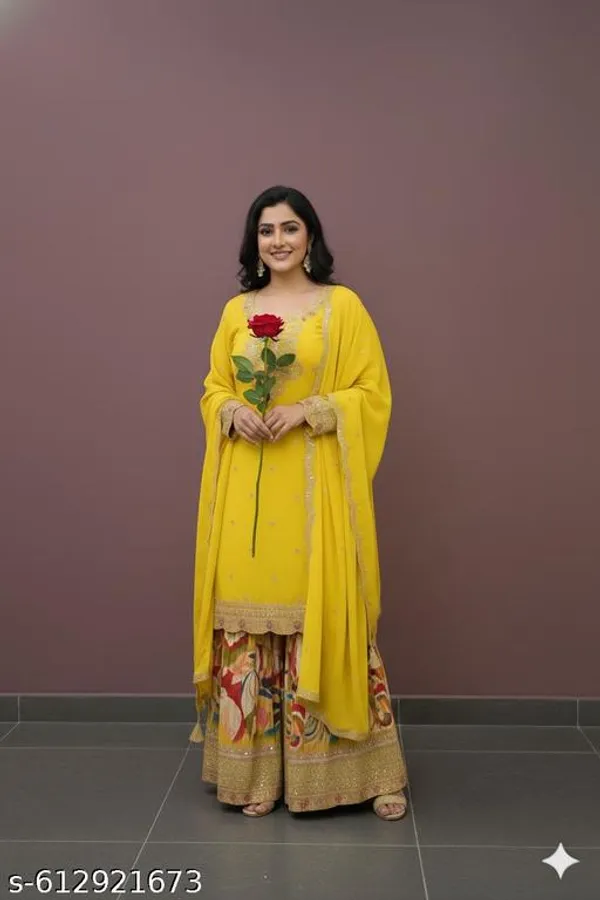 Yellow_Chinon_Fabric_Unstitched_Suit_With_Stitched_Chinon_Gharara_And_Chinon_Dupatta_For_Women