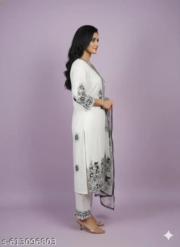 White_Muslin_Fabric_Unstitched_Suit_With_Net_Dupatta_And_Unstitched_Rayon_Bottom_For_Women