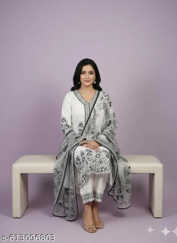 White_Muslin_Fabric_Unstitched_Suit_With_Net_Dupatta_And_Unstitched_Rayon_Bottom_For_Women
