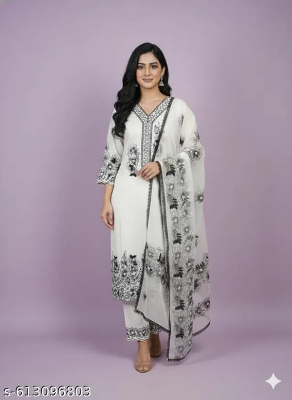 White_Muslin_Fabric_Unstitched_Suit_With_Net_Dupatta_And_Unstitched_Rayon_Bottom_For_Women