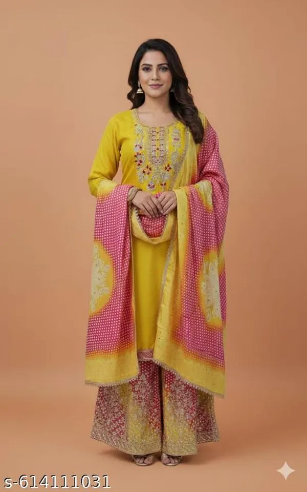 Yellow_Chinon_Fabrics_Unstitched_Suit_With_Stitched_Chinon_Gharara_And_Chinon_Dupatta_For_Women