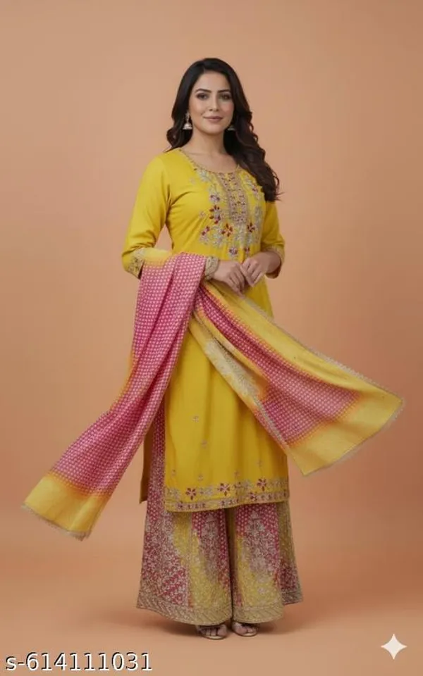 Yellow_Chinon_Fabrics_Unstitched_Suit_With_Stitched_Chinon_Gharara_And_Chinon_Dupatta_For_Women