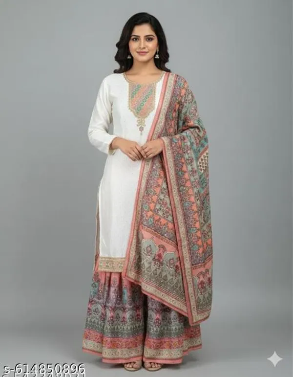 Cream_Chinon_Fabric_Unstitched_Suit_With_Stitched_Chinon_Gharara_And_Chinon_Dupatta_For_Women