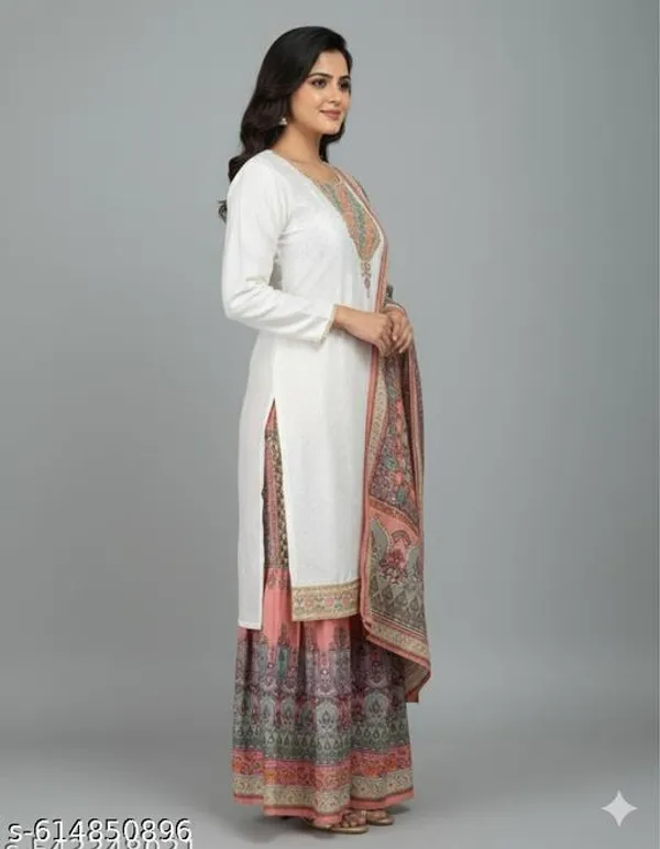 Cream_Chinon_Fabric_Unstitched_Suit_With_Stitched_Chinon_Gharara_And_Chinon_Dupatta_For_Women