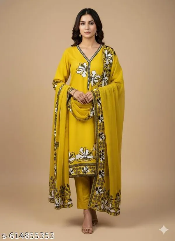 Yellow_Roman_Fabric_Unstitched_Suit_With_Net_Dupatta_And_Unstitched_Rayon_Bottom_For_Women