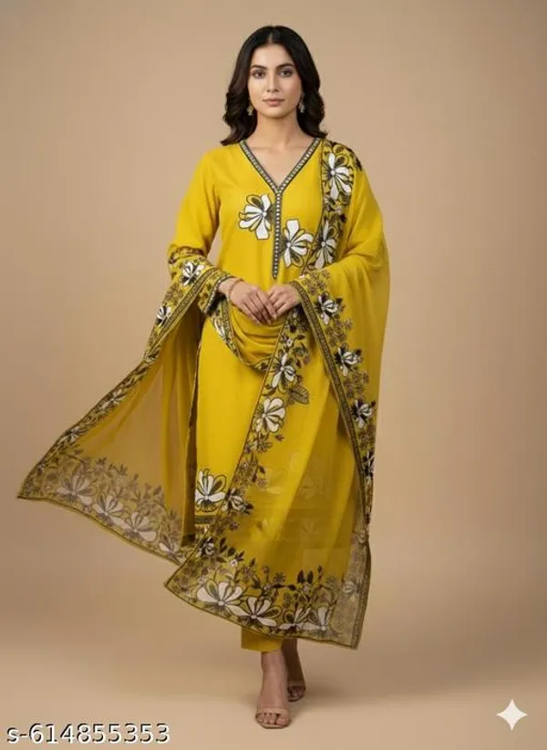 Yellow_Roman_Fabric_Unstitched_Suit_With_Net_Dupatta_And_Unstitched_Rayon_Bottom_For_Women