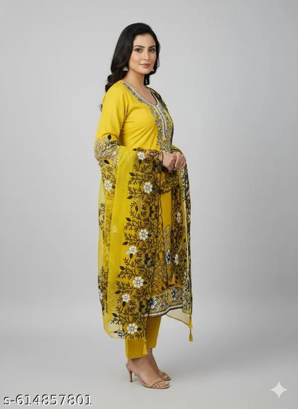 Yellow_Roman_Fabric_Unstitched_Suit_With_Net_Dupatta_And_Unstitched_Rayon_Bottom_For_Women