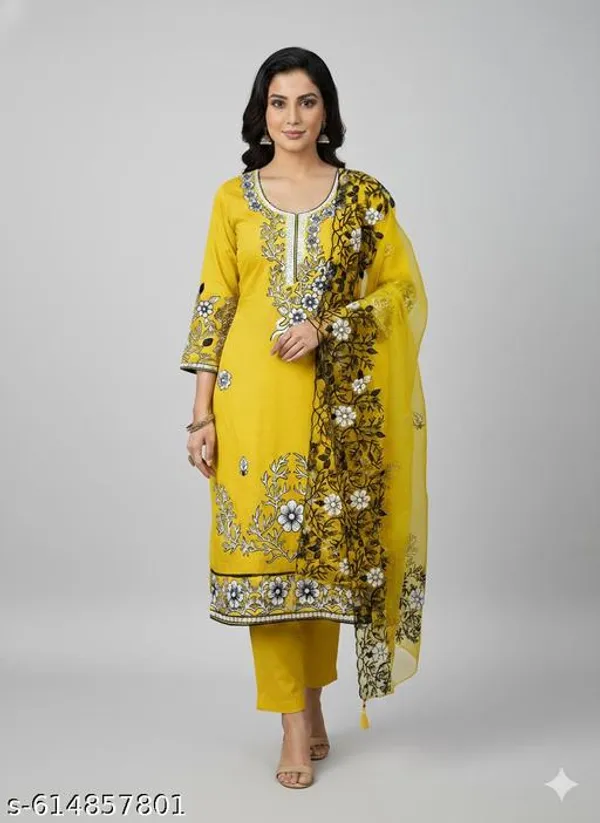 Yellow_Roman_Fabric_Unstitched_Suit_With_Net_Dupatta_And_Unstitched_Rayon_Bottom_For_Women