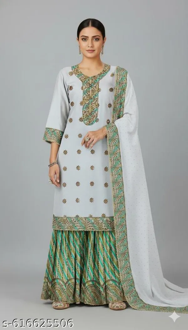 Multicolor_Chinon_Fabric_Unstitched_Suit_With_Stitched_Chinon_Gharara_And_Chinon_Dupatta_For_Women