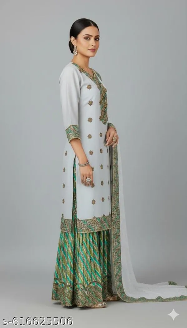 Multicolor_Chinon_Fabric_Unstitched_Suit_With_Stitched_Chinon_Gharara_And_Chinon_Dupatta_For_Women