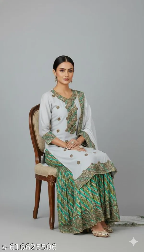 Multicolor_Chinon_Fabric_Unstitched_Suit_With_Stitched_Chinon_Gharara_And_Chinon_Dupatta_For_Women