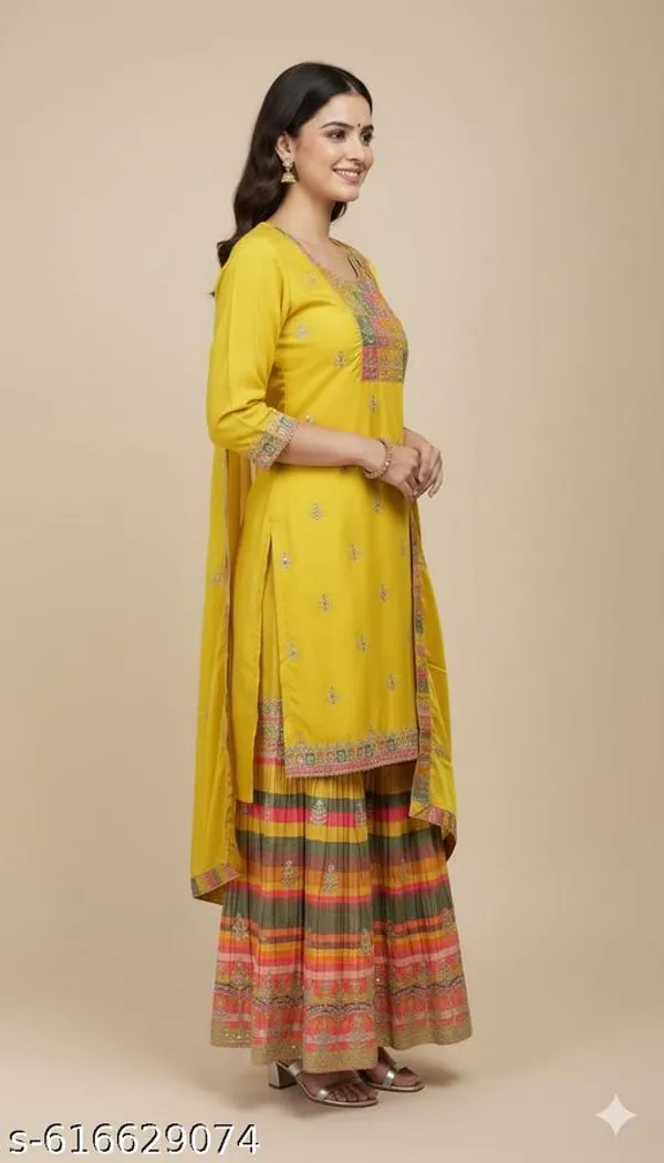 Yellow_Chinon_Fabric_Unstitched_Suit_With_Stitched_Chinon_Gharara_And_Chinon_Dupatta_For_Women