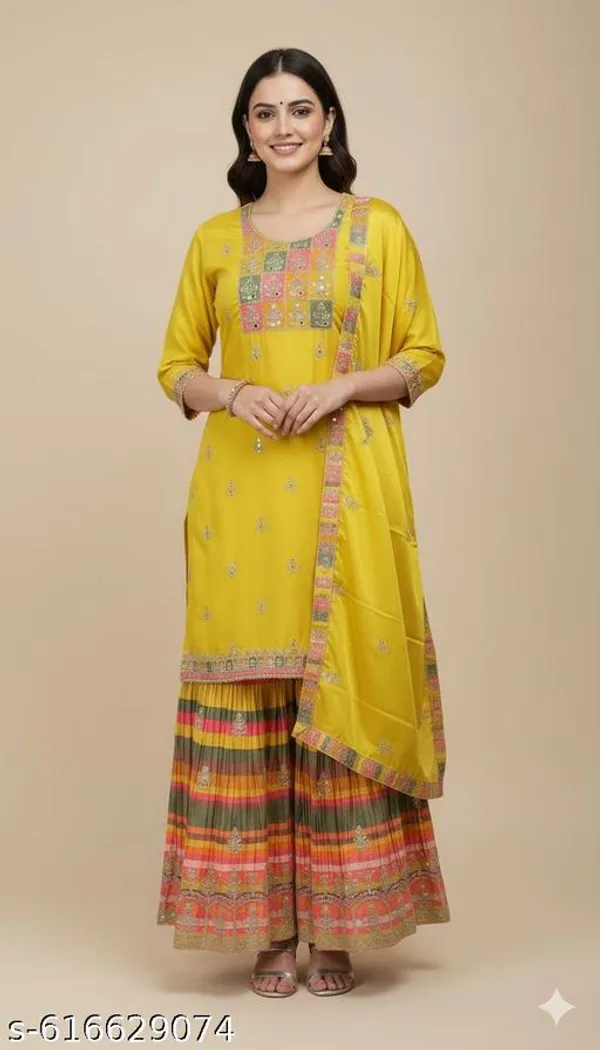 Yellow_Chinon_Fabric_Unstitched_Suit_With_Stitched_Chinon_Gharara_And_Chinon_Dupatta_For_Women