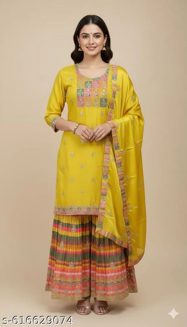 Yellow_Chinon_Fabric_Unstitched_Suit_With_Stitched_Chinon_Gharara_And_Chinon_Dupatta_For_Women