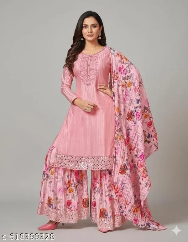 Pink_Chinon_Fabric_Unstitched_Suit_With_Stitched_Chinon_Gharara_And_Chinon_Dupatta_For_Women