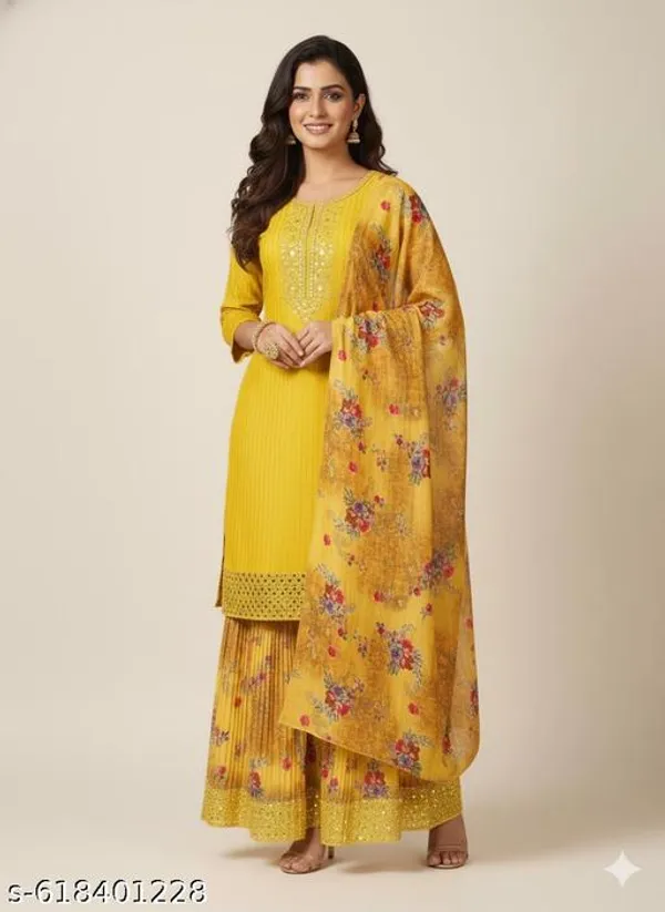 Yellow_Chinon_Fabric_Unstitched_Suit_With_Stitched_Chinon_Gharara_And_Chinon_Dupatta_For_Women