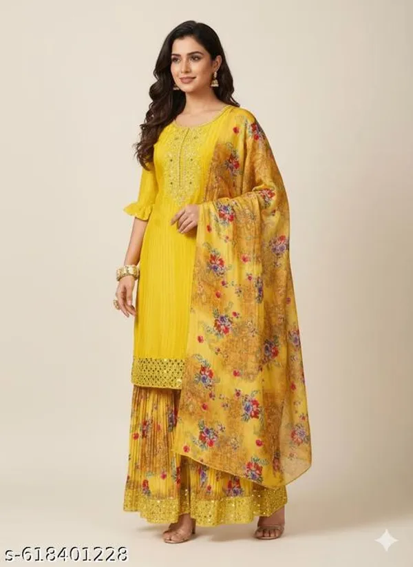 Yellow_Chinon_Fabric_Unstitched_Suit_With_Stitched_Chinon_Gharara_And_Chinon_Dupatta_For_Women
