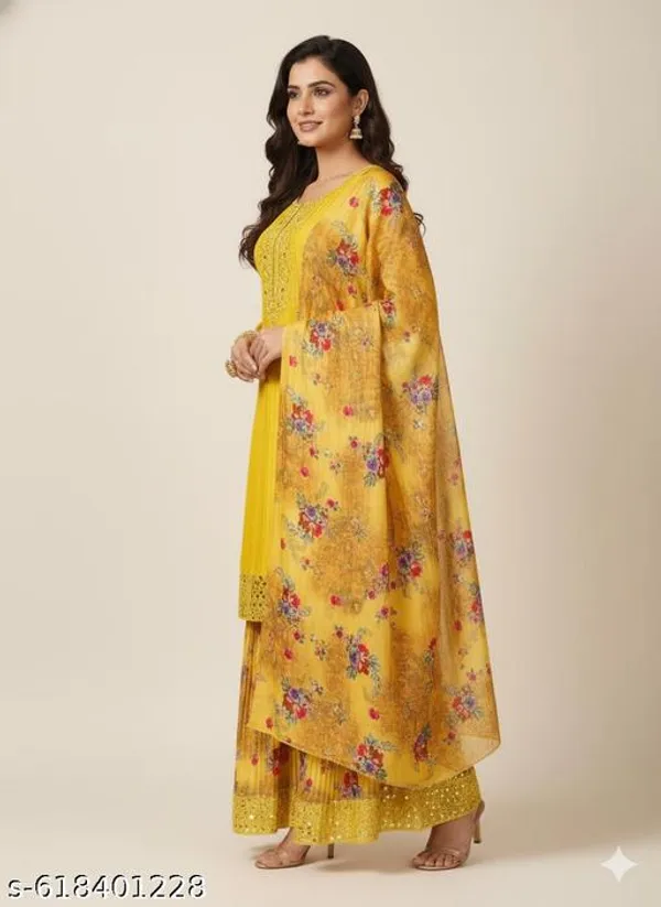 Yellow_Chinon_Fabric_Unstitched_Suit_With_Stitched_Chinon_Gharara_And_Chinon_Dupatta_For_Women