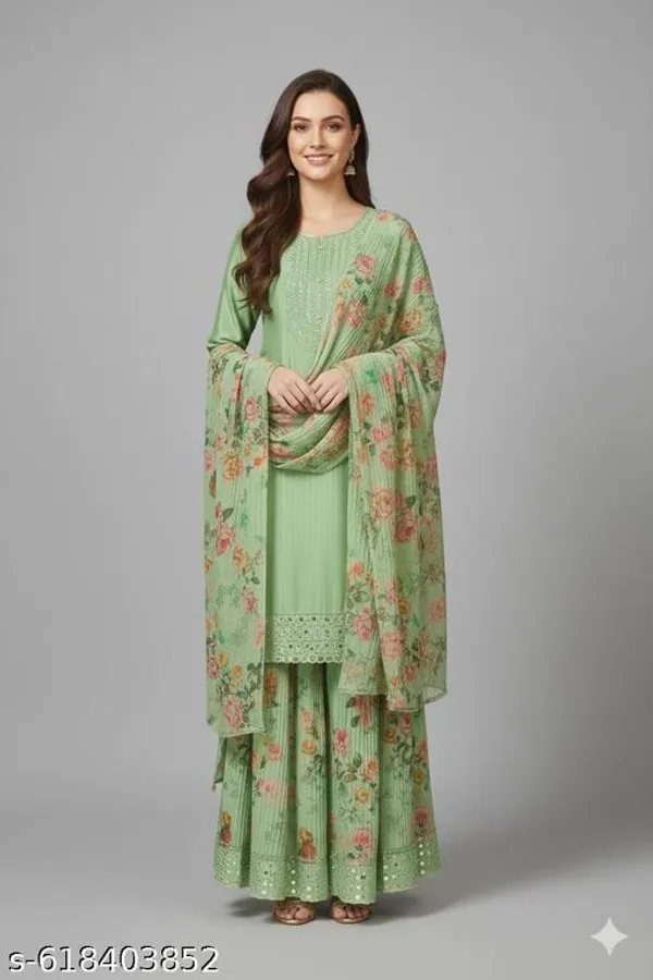Mint_Green_Chinon_Fabric_Unstitched_Suit_With_Stitched_Chinon_Gharara_And_Chinon_Dupatta_For_Women
