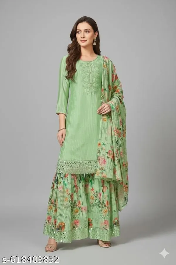 Mint_Green_Chinon_Fabric_Unstitched_Suit_With_Stitched_Chinon_Gharara_And_Chinon_Dupatta_For_Women