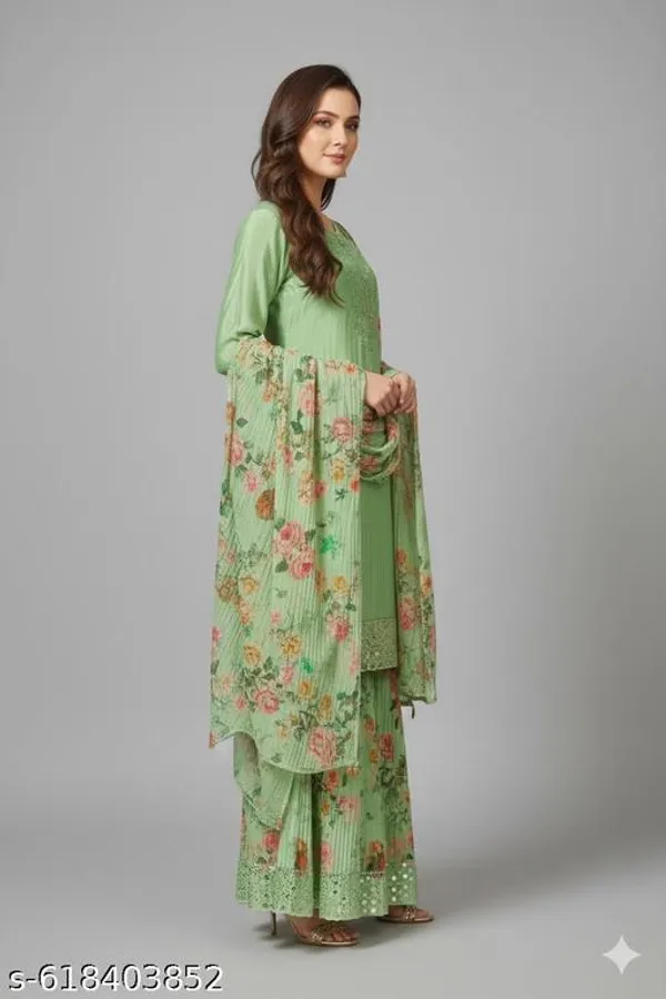 Mint_Green_Chinon_Fabric_Unstitched_Suit_With_Stitched_Chinon_Gharara_And_Chinon_Dupatta_For_Women