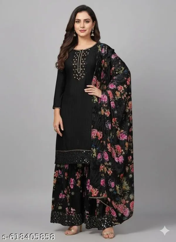Black_Chinon_Fabric_Unstitched_Suit_With_Stitched_Chinon_Gharara_And_Chinon_Dupatta_For_Women