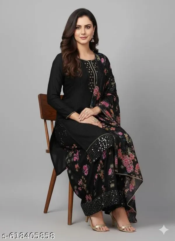 Black_Chinon_Fabric_Unstitched_Suit_With_Stitched_Chinon_Gharara_And_Chinon_Dupatta_For_Women