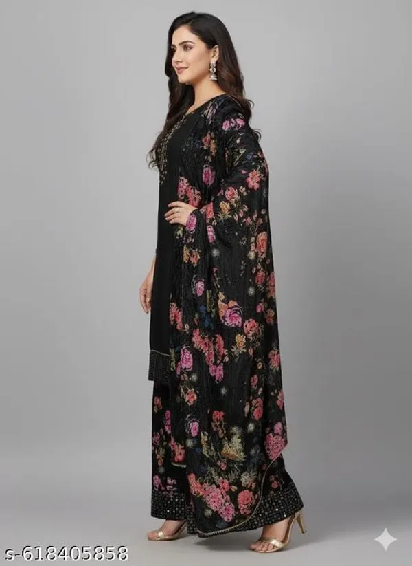 Black_Chinon_Fabric_Unstitched_Suit_With_Stitched_Chinon_Gharara_And_Chinon_Dupatta_For_Women