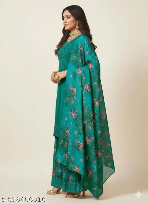 Green_Chinon_Fabric_Unstitched_Suit_With_Stitched_Chinon_Gharara_And_Chinon_Dupatta_For_Women