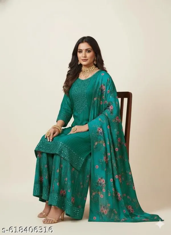 Green_Chinon_Fabric_Unstitched_Suit_With_Stitched_Chinon_Gharara_And_Chinon_Dupatta_For_Women
