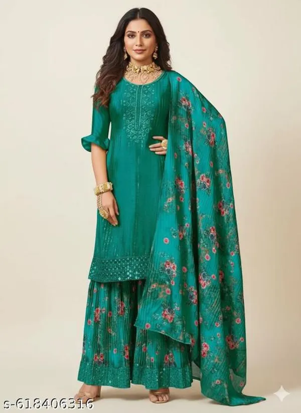 Green_Chinon_Fabric_Unstitched_Suit_With_Stitched_Chinon_Gharara_And_Chinon_Dupatta_For_Women
