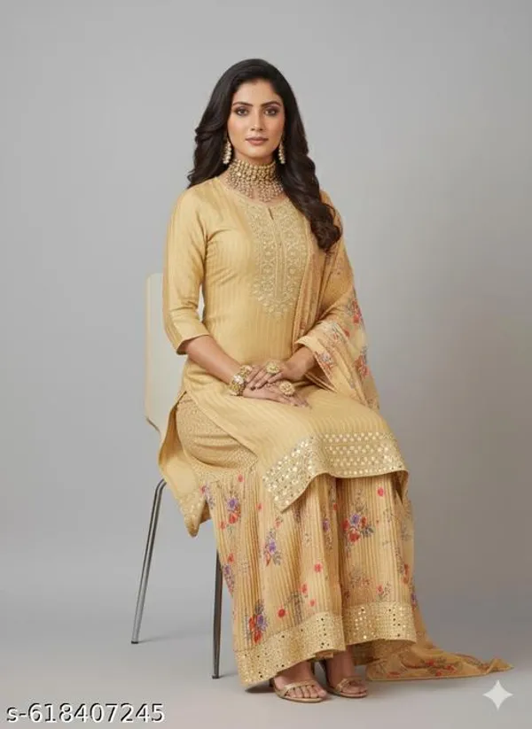 Yellow_Chinon_Fabric_Unstitched_Suit_With_Stitched_Chinon_Gharara_And_Chinon_Dupatta_For_Women