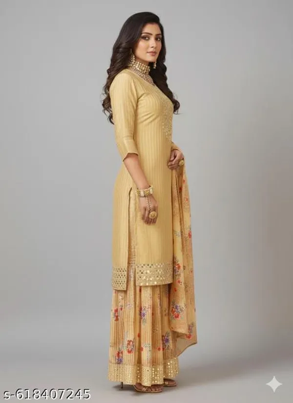 Yellow_Chinon_Fabric_Unstitched_Suit_With_Stitched_Chinon_Gharara_And_Chinon_Dupatta_For_Women