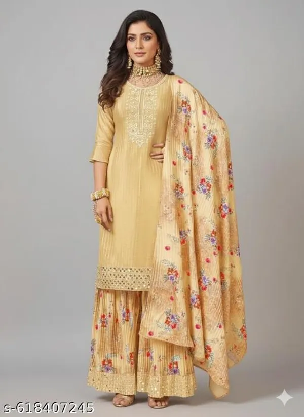 Yellow_Chinon_Fabric_Unstitched_Suit_With_Stitched_Chinon_Gharara_And_Chinon_Dupatta_For_Women