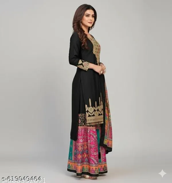 Black_Chinon_Fabric_Unstitched_Suit_With_Stitched_Chinon_Gharara_And_Chinon_Fabric_Dupatta_For_Women