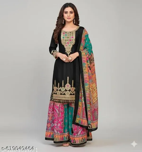 Black_Chinon_Fabric_Unstitched_Suit_With_Stitched_Chinon_Gharara_And_Chinon_Fabric_Dupatta_For_Women