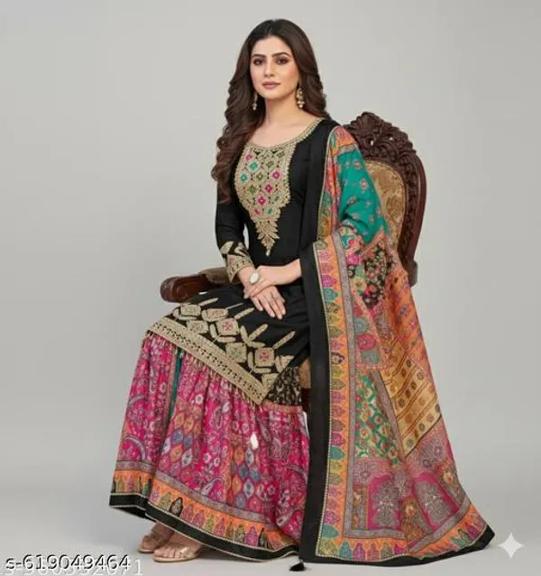 Black_Chinon_Fabric_Unstitched_Suit_With_Stitched_Chinon_Gharara_And_Chinon_Fabric_Dupatta_For_Women