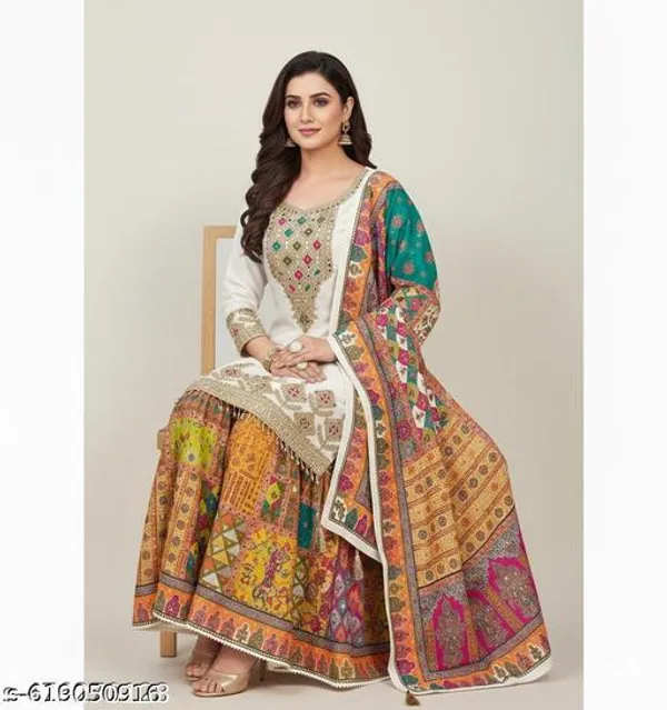 White_Chinon_Fabric_Unstitched_Suit_With_Stitched_Chinon_Gharara_And_Chinon_Dupatta_For_Women
