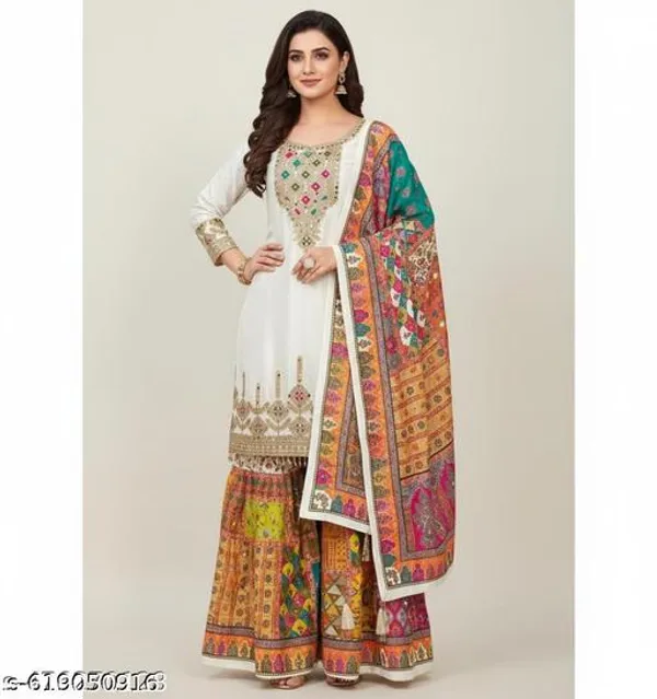 White_Chinon_Fabric_Unstitched_Suit_With_Stitched_Chinon_Gharara_And_Chinon_Dupatta_For_Women