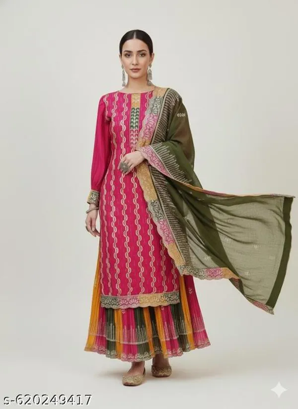 Pink_Chinon_Fabric_Unstitched_Suit_With_Stitched_Chinon_Gharara_And_Chinon_Dupatta_For_Women