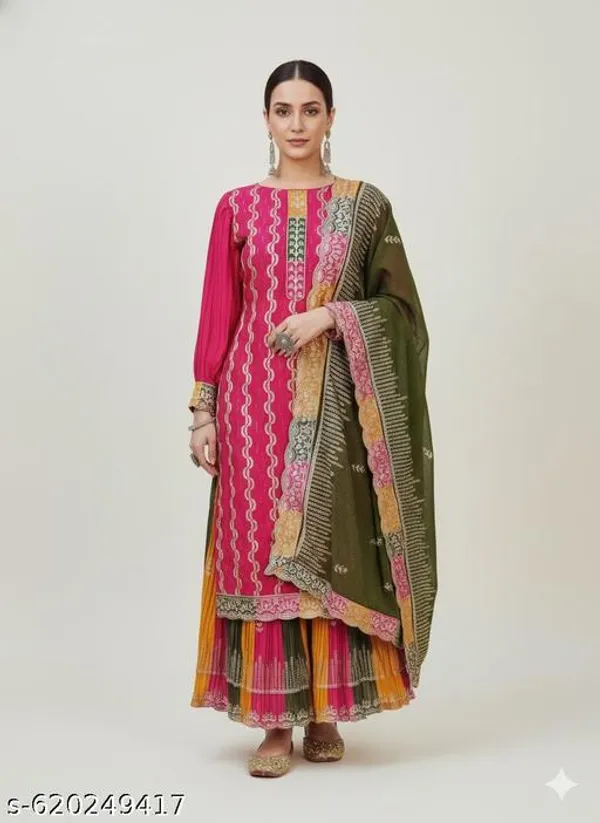 Pink_Chinon_Fabric_Unstitched_Suit_With_Stitched_Chinon_Gharara_And_Chinon_Dupatta_For_Women