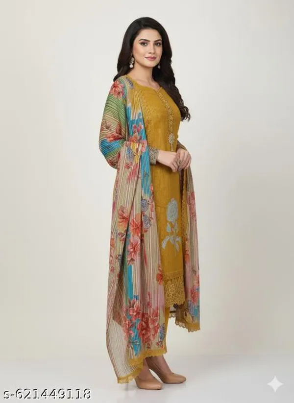 Yellow_Roman_Fabric_Unstitched_Suit_With_Chiffon_Dupatta_And_Unstitched_Indo_Bottom_For_Women