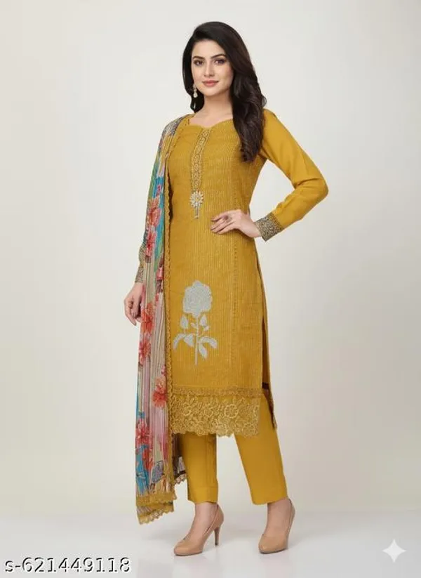 Yellow_Roman_Fabric_Unstitched_Suit_With_Chiffon_Dupatta_And_Unstitched_Indo_Bottom_For_Women