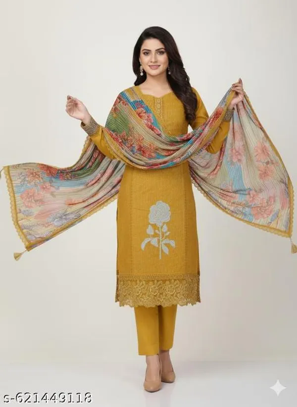 Yellow_Roman_Fabric_Unstitched_Suit_With_Chiffon_Dupatta_And_Unstitched_Indo_Bottom_For_Women