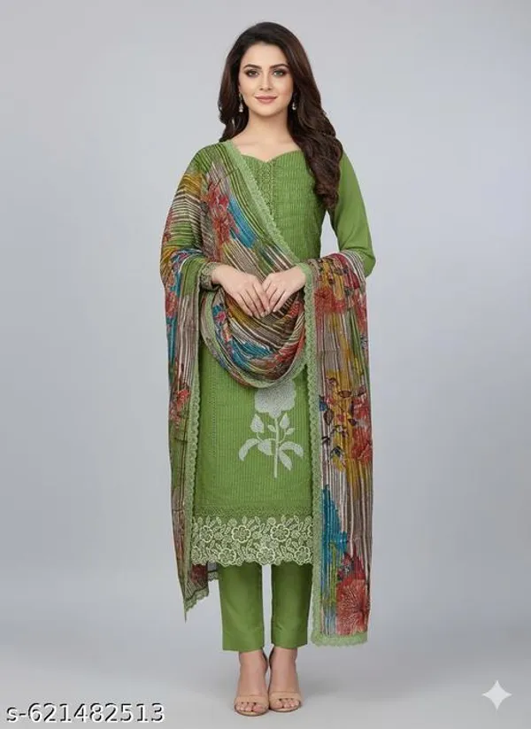 Green_Roman_Fabric_Unstitched_Suit_With_Chiffon_Dupatta_And_Unstitched_Indo_Bottom_For_Women